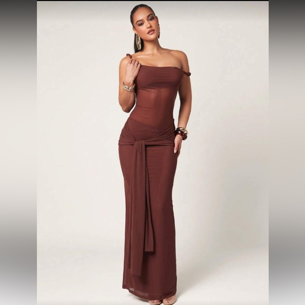 Women's Summer Sexy Mesh Solid Color Asymmetric Neckline Dress Drop Waist Dress